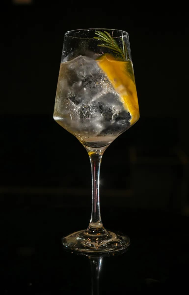 Gin tônica em taça com laranja e alecrim